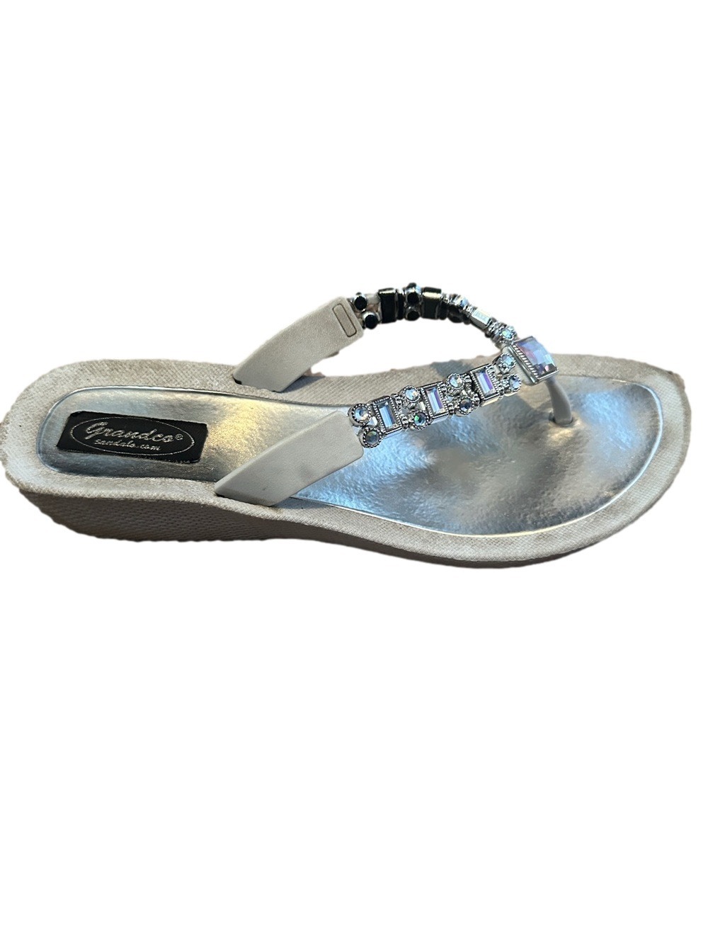 White Grandco Beaded Wedge Flip Flop - Silver 11